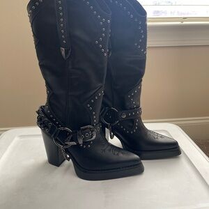 Black Studded Western Heeled Boots with Harness Detail